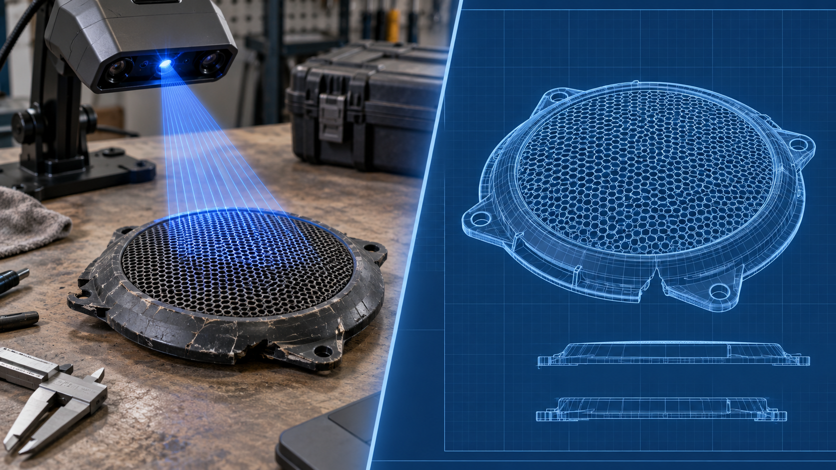 Сканирование повреждённой детали и восстановленная 3D-модель на чертеже